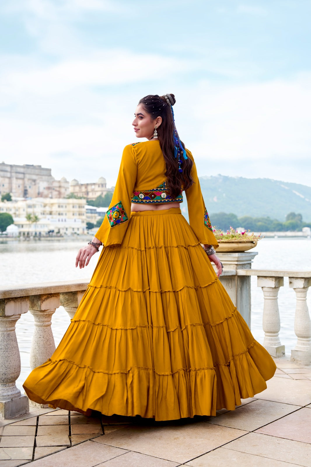 Lorenvalley Fashion Mustard Pure Rayon Plain Frill Lehenga Choli with Koti