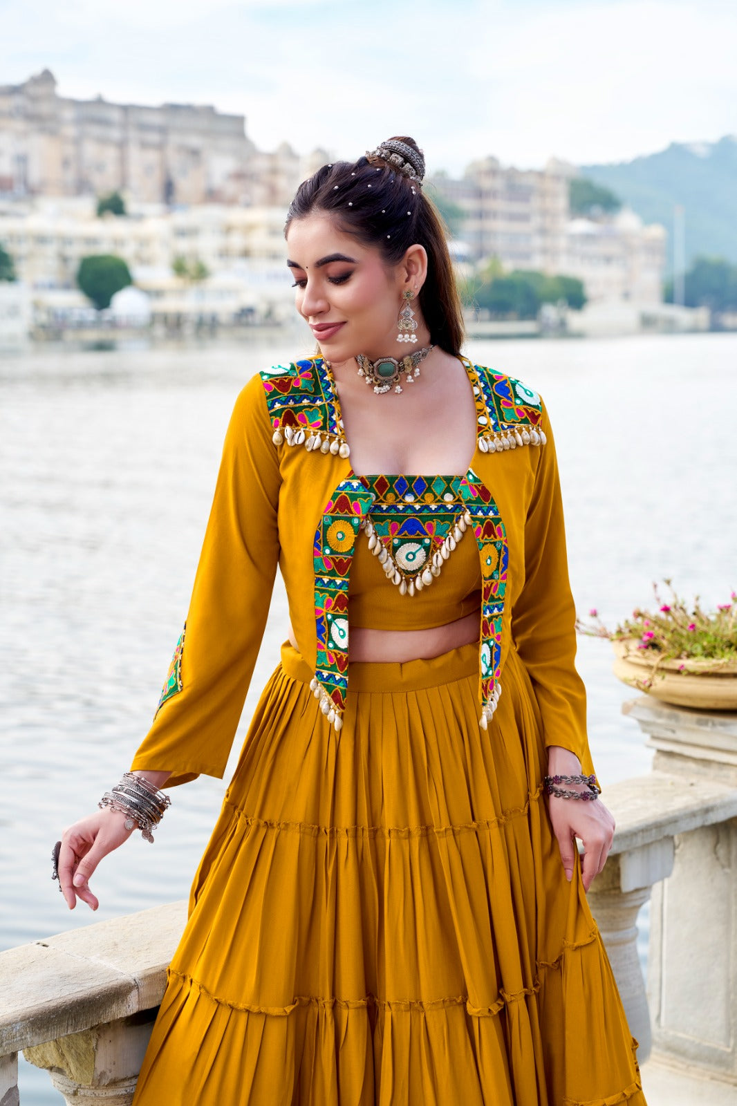 Lorenvalley Fashion Mustard Pure Rayon Plain Frill Lehenga Choli with Koti