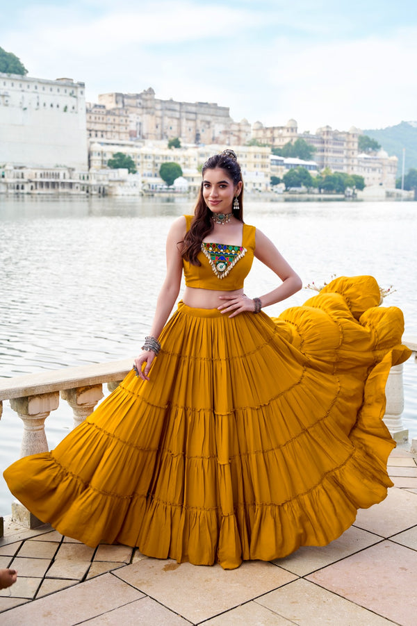 Lorenvalley Fashion Mustard Pure Rayon Plain Frill Lehenga Choli with Koti