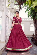 Thumbnail for Lorenvalley Fashion Maroon Pure Chanderi Zari Weaving Work With Embossed Design Lace Touch Up Lehenga Choli with Dupatta