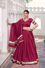Thumbnail for Lorenvalley Fashion Maroon Pure Chanderi Zari Weaving Work With Embossed Design Lace Touch Up Lehenga Choli with Dupatta