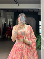Thumbnail for Lorenvalley Fashion Peach Chiffon Floral Print and Foil Print with Embossed Design with Gotta Patti Lace Touch Up Lehenga Choli with Dupatta