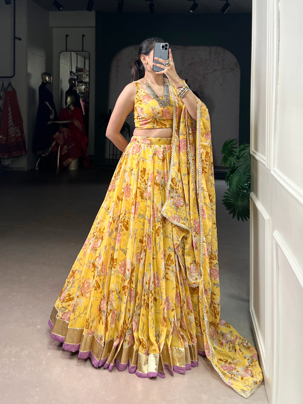 Lorenvalley Fashion Yellow Chiffon Floral Print and Foil Print with Embossed Design with Gotta Patti Lace Touch Up Lehenga Choli with Dupatta