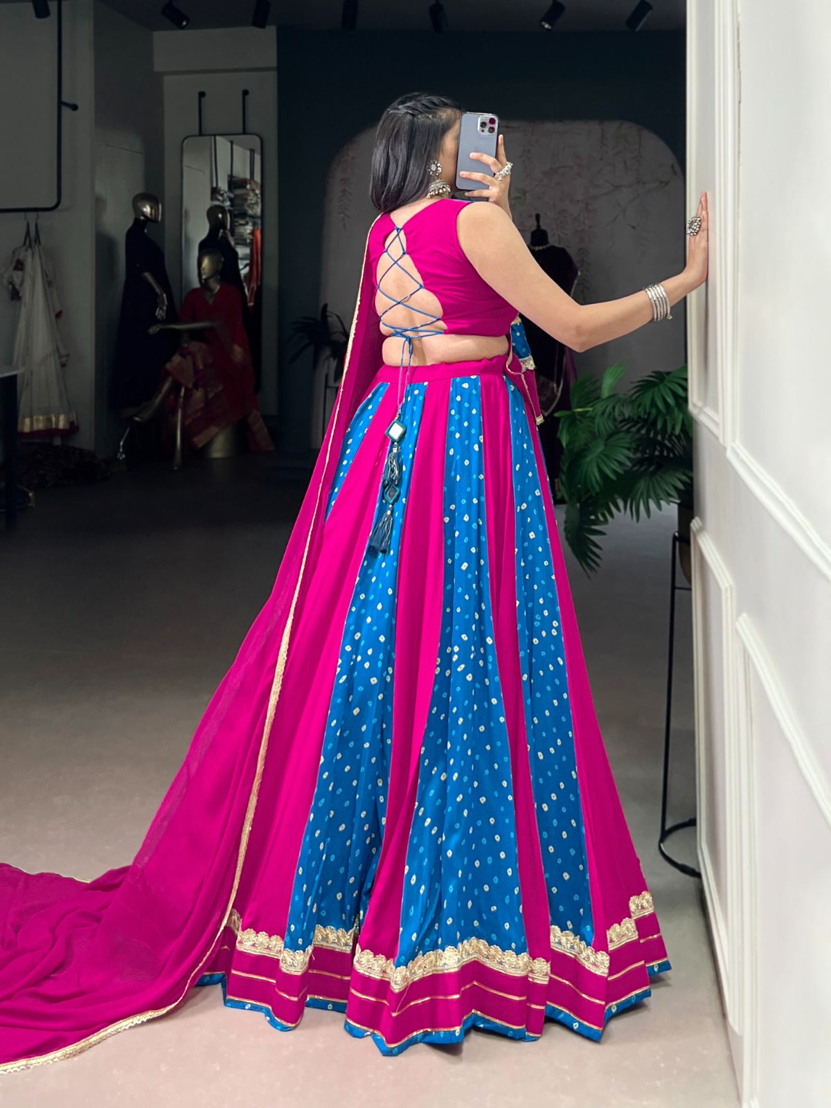 Lorenvalley Fashion Pink Tasar Silk Bandhej Print With Lace Touch Up Lehenga Choli with Dupatta