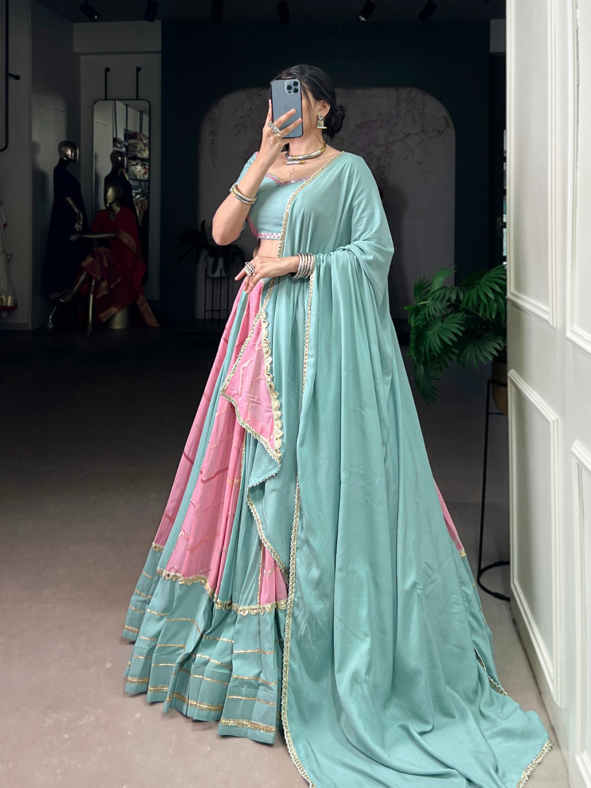 Lorenvalley Fashion Pure Rayon with Georgette Sequins and Thread Embroidery Work With Lace Touch Up Lehenga Choli with Dupatta