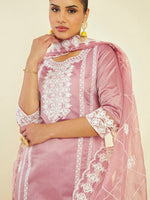 Thumbnail for Soch Ethnic Motifs Embroidered Panelled Chanderi Silk Kurta with Palazzos & Dupatta - Distacart
