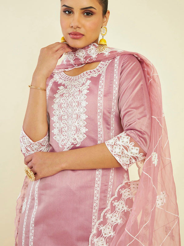 Soch Ethnic Motifs Embroidered Panelled Chanderi Silk Kurta with Palazzos & Dupatta - Distacart