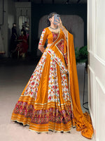 Thumbnail for Lorenvalley Fashion Mustard Rayon with Printed Silk Patola Print with Gamthi Work and Lace Touch Up Lehenga Choli with Dupatta