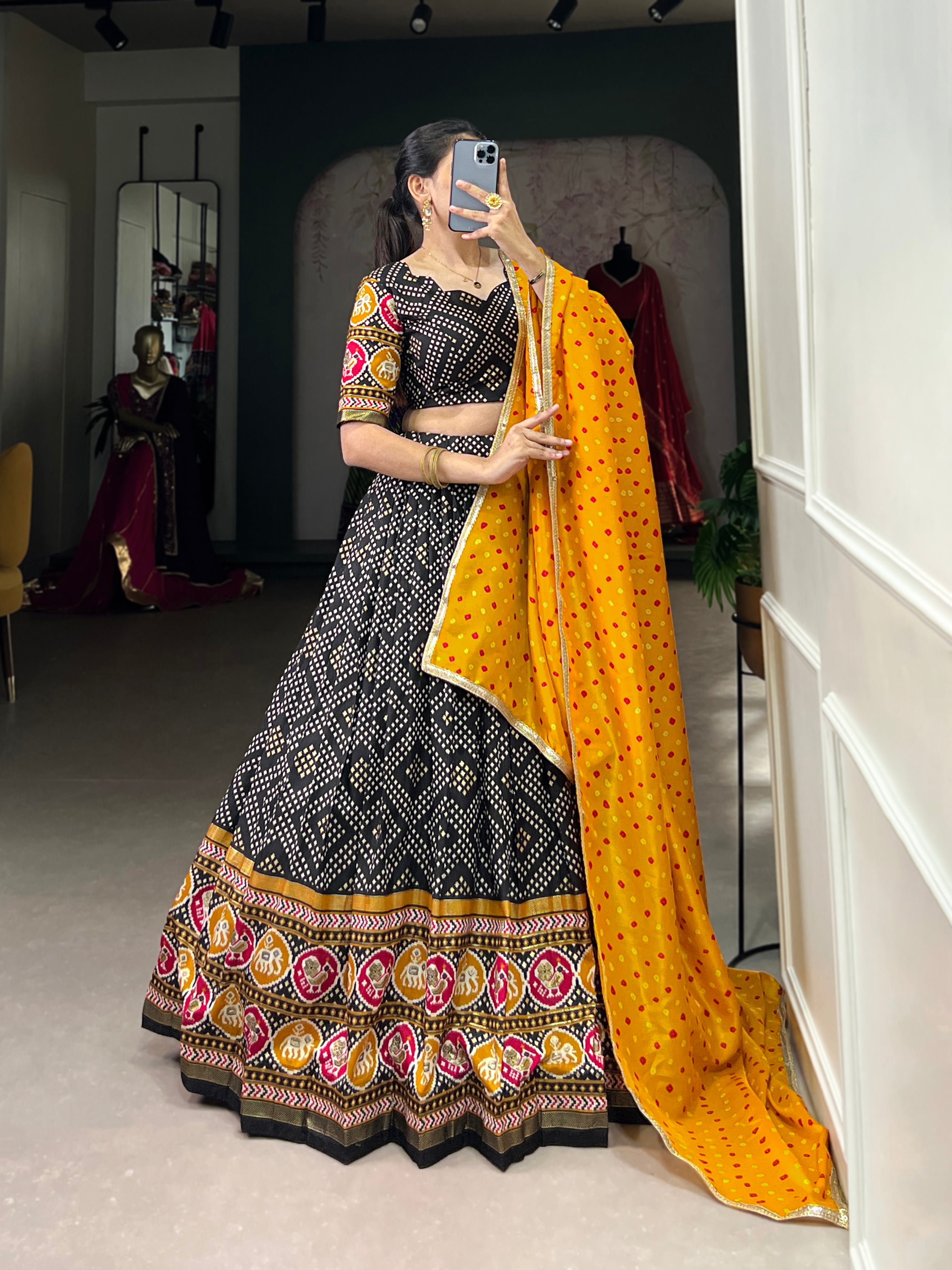 Lorenvalley Black Tussar Silk Bandhej and Patola Print with Foil Work Lehenga Choli with Dupatta - Distacart