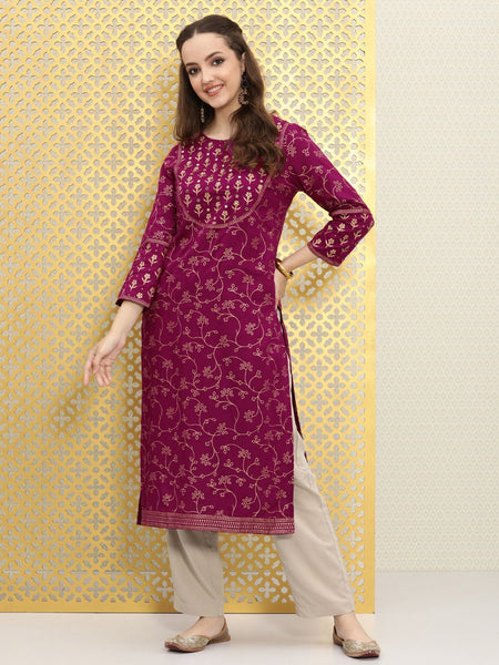 Ode by House of Pataudi Women Magenta Pink Floral Embellished Mirror Work Kurta - Distacart