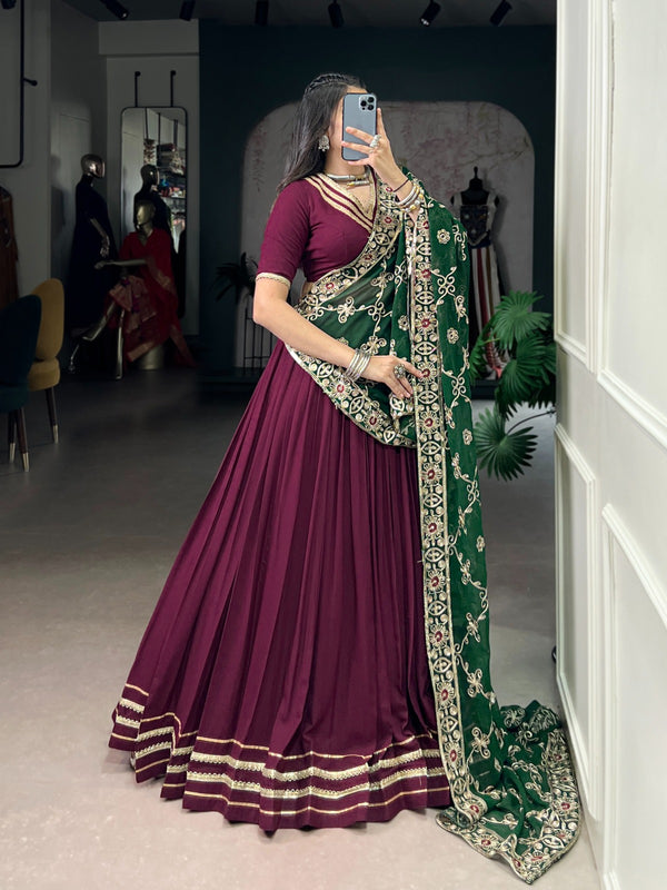 Lorenvalley Fashion Wine Pure Rayon Lace Touch Up Lehenga Choli with Dupatta
