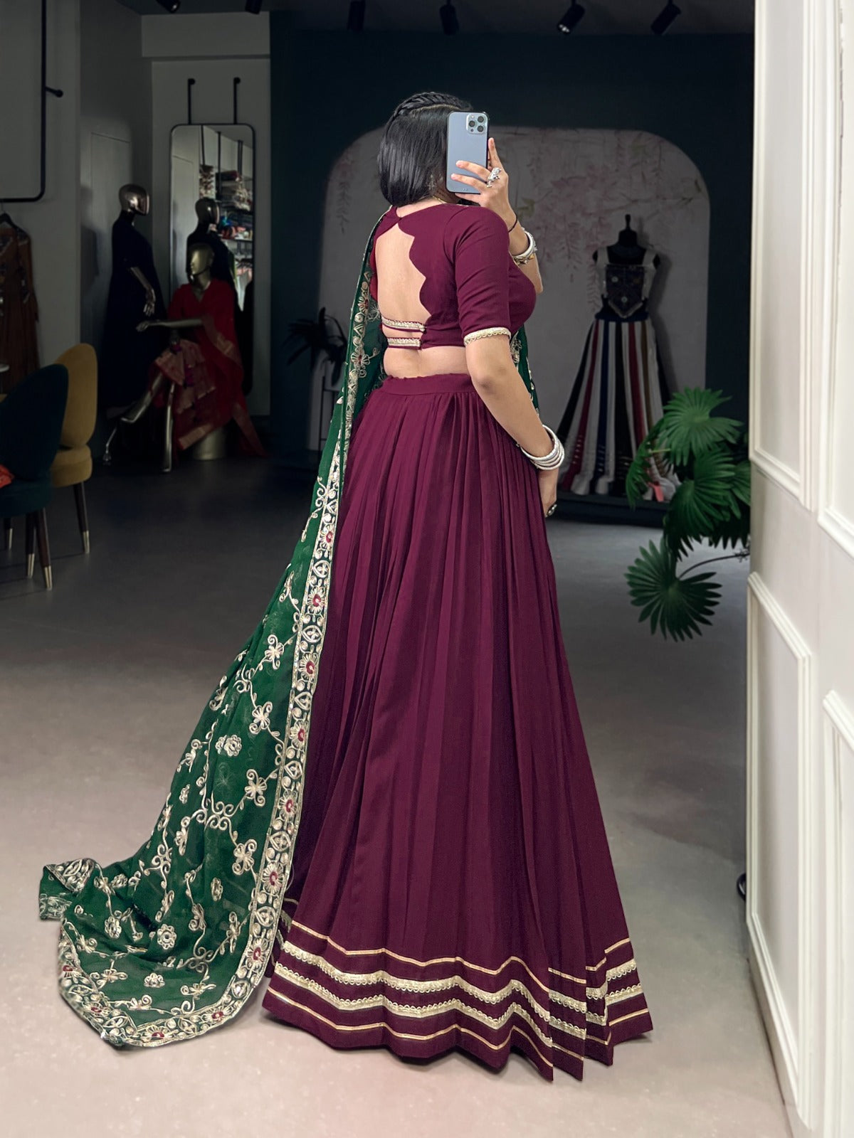 Lorenvalley Fashion Wine Pure Rayon Lace Touch Up Lehenga Choli with Dupatta