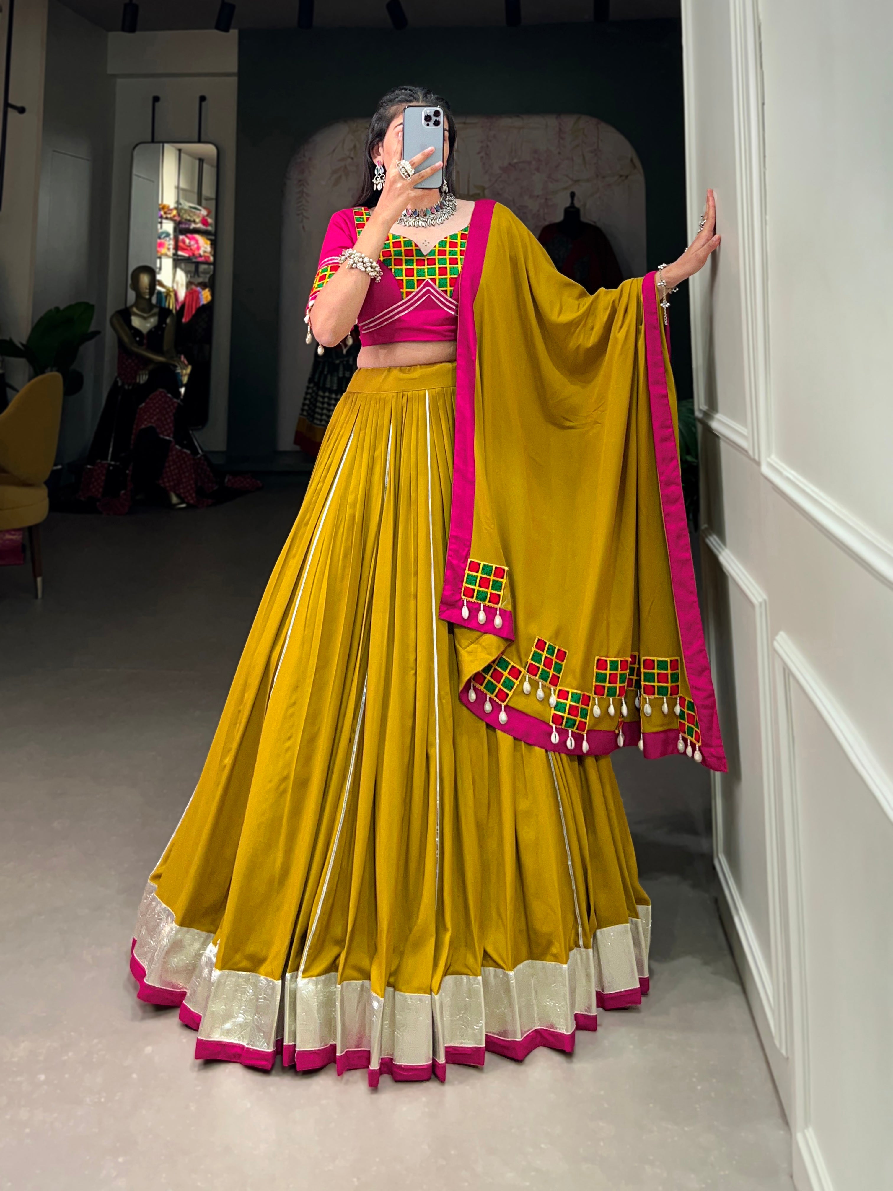 Lorenvalley Fashion Mustard Pure Rayon Plain And Lace Border With Gotta Patti Touch Up Lehenga Choli with Dupatta