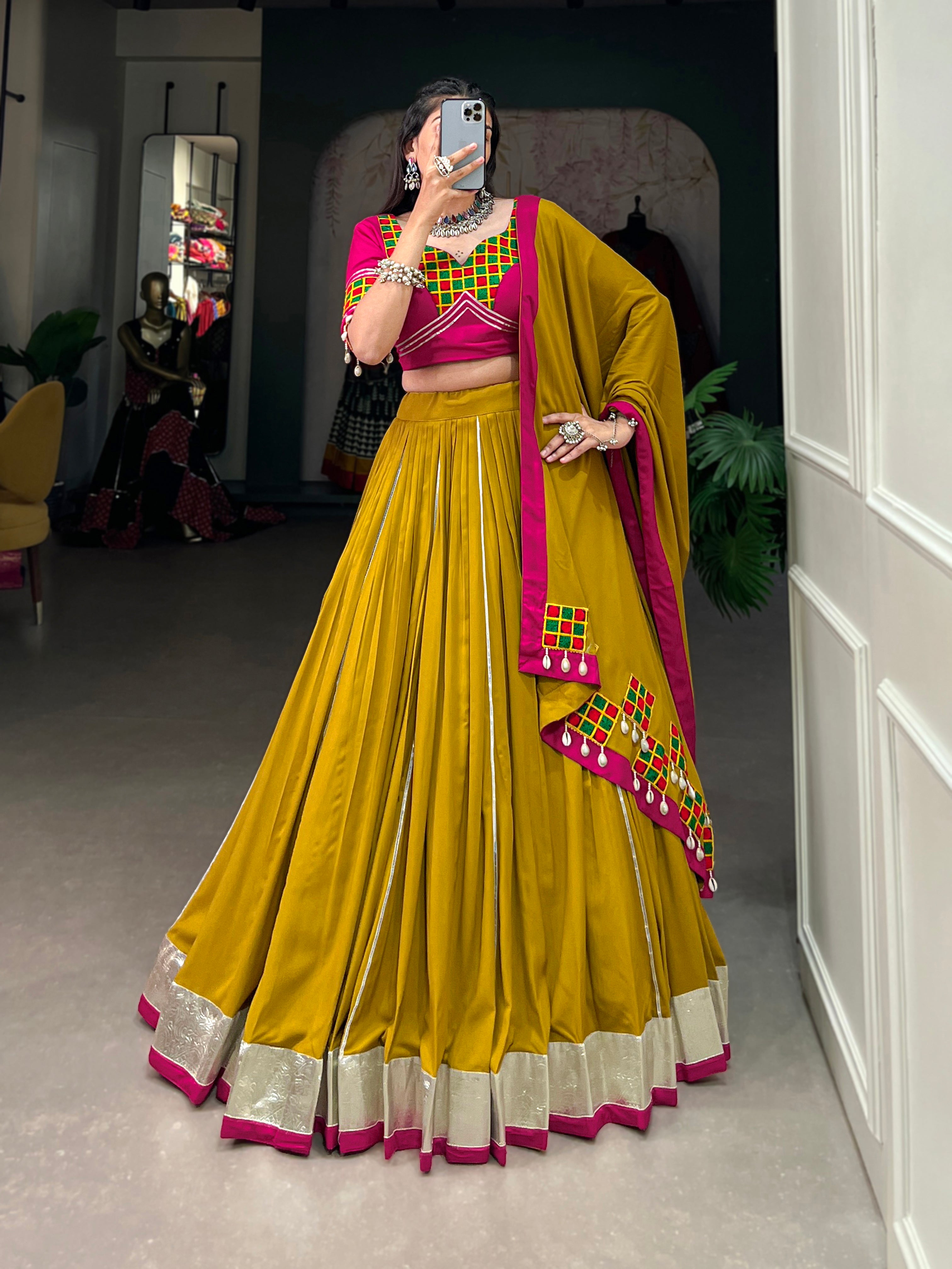 Lorenvalley Fashion Mustard Pure Rayon Plain And Lace Border With Gotta Patti Touch Up Lehenga Choli with Dupatta