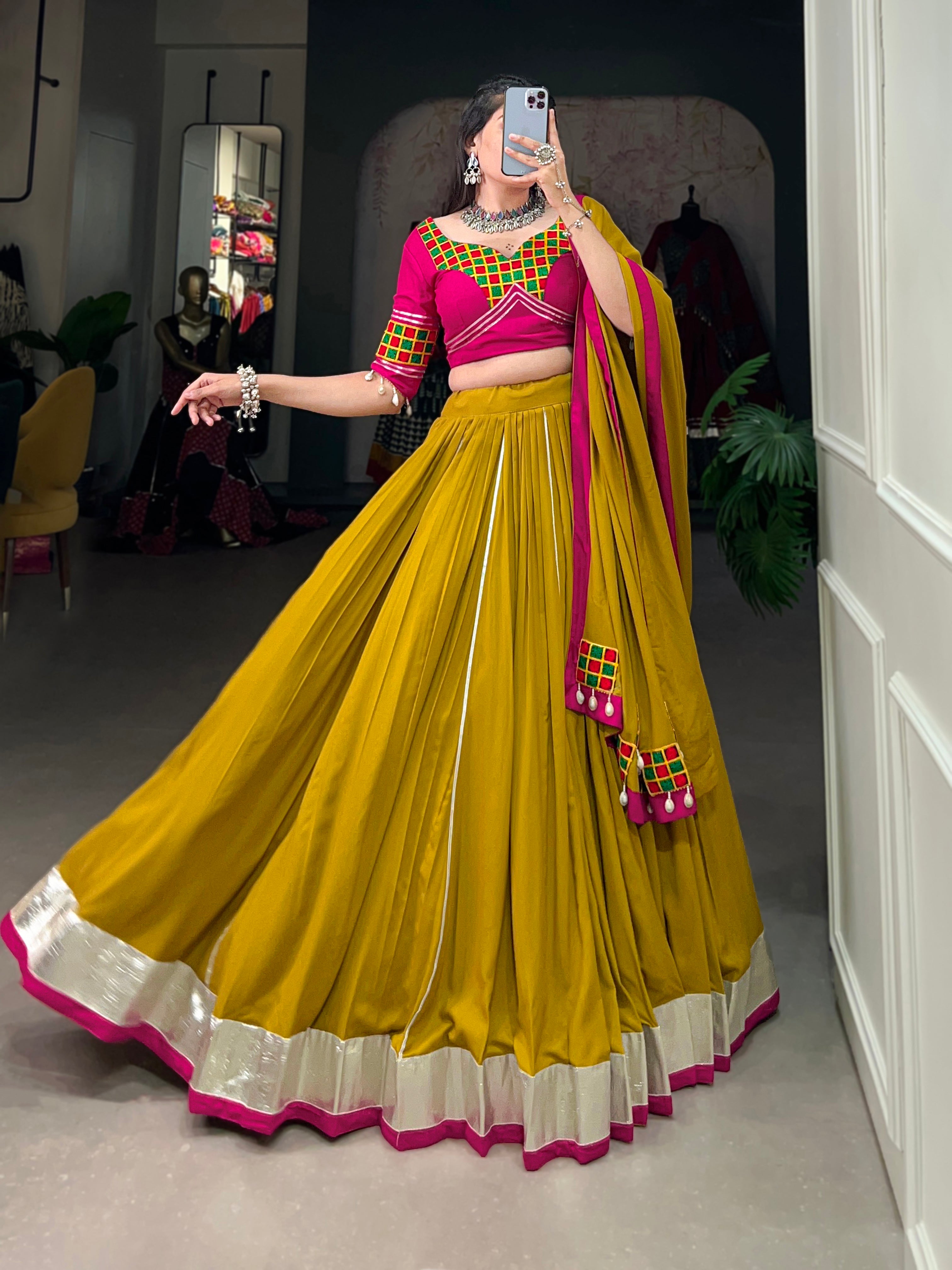 Lorenvalley Fashion Mustard Pure Rayon Plain And Lace Border With Gotta Patti Touch Up Lehenga Choli with Dupatta