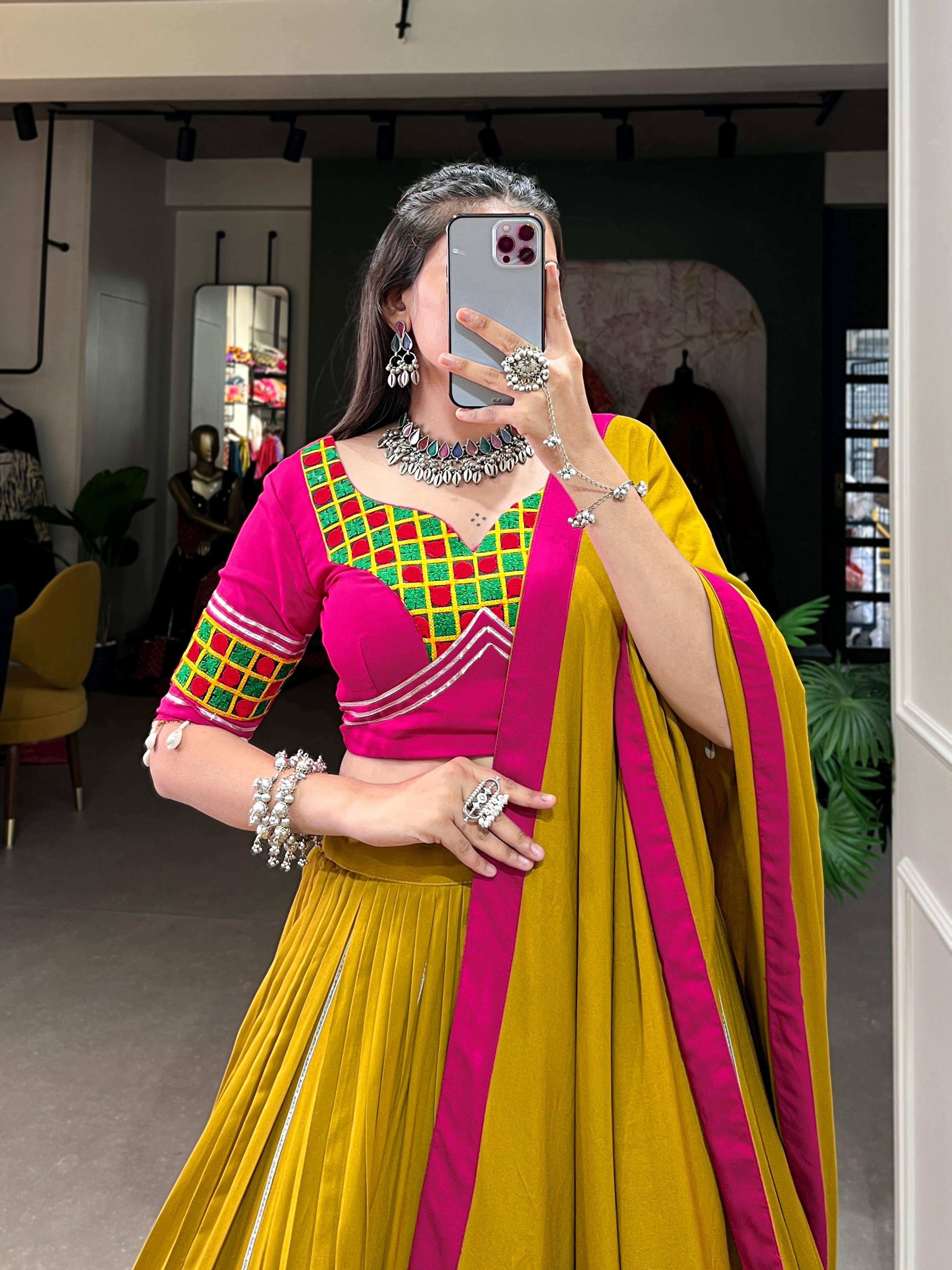 Lorenvalley Fashion Mustard Pure Rayon Plain And Lace Border With Gotta Patti Touch Up Lehenga Choli with Dupatta