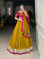 Thumbnail for Lorenvalley Fashion Mustard Pure Rayon Plain And Lace Border With Gotta Patti Touch Up Lehenga Choli with Dupatta