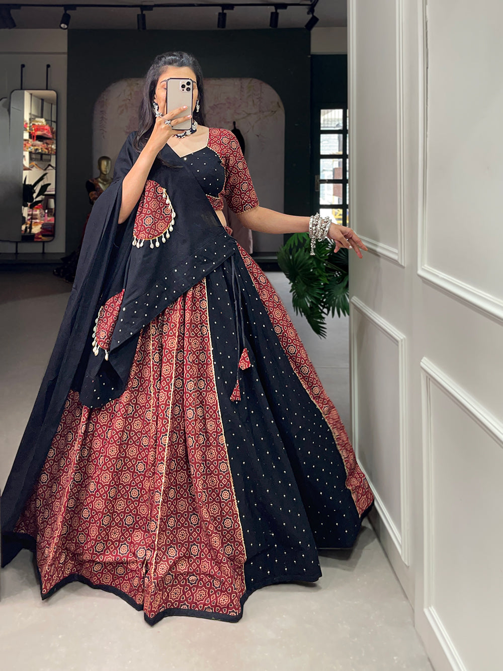 Lorenvalley Pure Cotton Printed And Over All Mirror Work With Gotta Patti Touchup Lehenga Choli with Dupatta