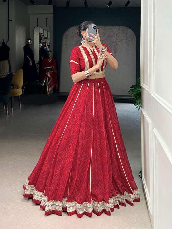 Lorenvalley Fashion Red Chiffon Bandhej Print with Sequins and Gotta Patti Lace Touch Up Lehenga Choli
