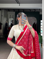 Thumbnail for Lorenvalley Fashion Offwhite Cotton Zigzag and Bandhej Print With Sequins Lace Touch Up Lehenga Choli with Dupatta
