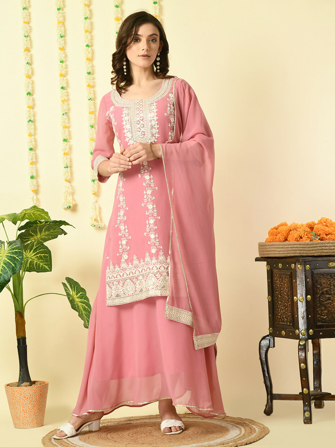 Myshka Women's Pink Georgette Kurta & Skirt With Dupatta Party Sets - Distacart