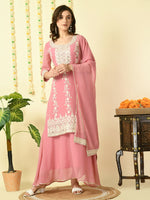 Thumbnail for Myshka Women's Pink Georgette Kurta & Skirt With Dupatta Party Sets - Distacart