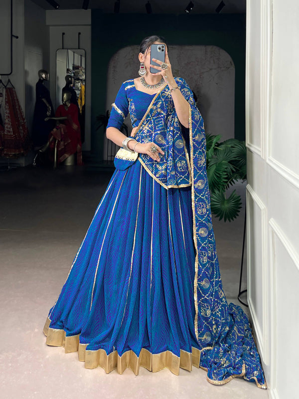 Lorenvalley Fashion Blue Georgette Bandhej Print and Embossed Design Lace with Gota Patti Touch Up Lehenga Choli with Dupatta