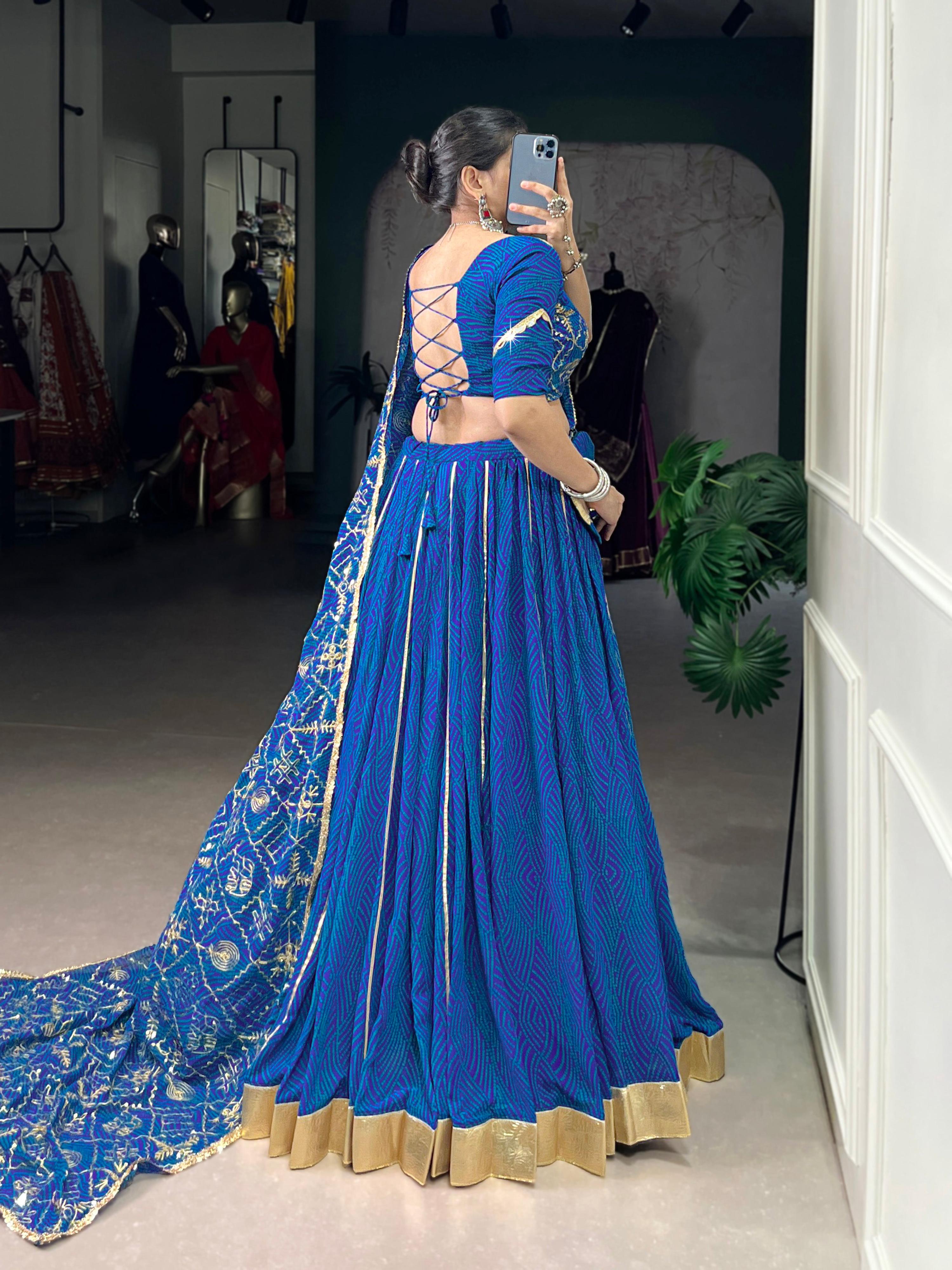 Lorenvalley Fashion Blue Georgette Bandhej Print and Embossed Design Lace with Gota Patti Touch Up Lehenga Choli with Dupatta