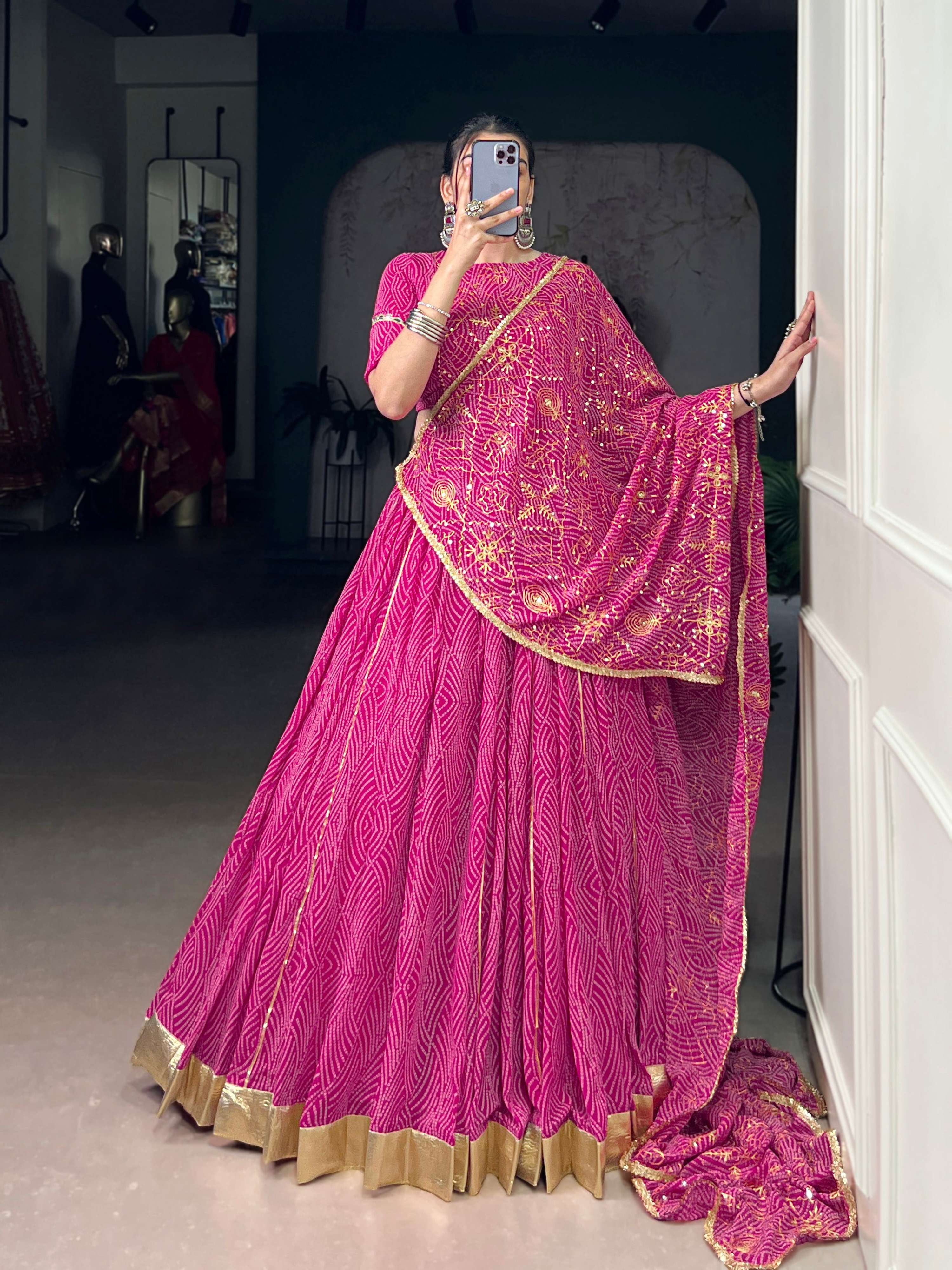 Lorenvalley Fashion Pink Georgette Bandhej Print and Embossed Design Lace with Gota Patti Touch Up Lehenga Choli with Dupatta