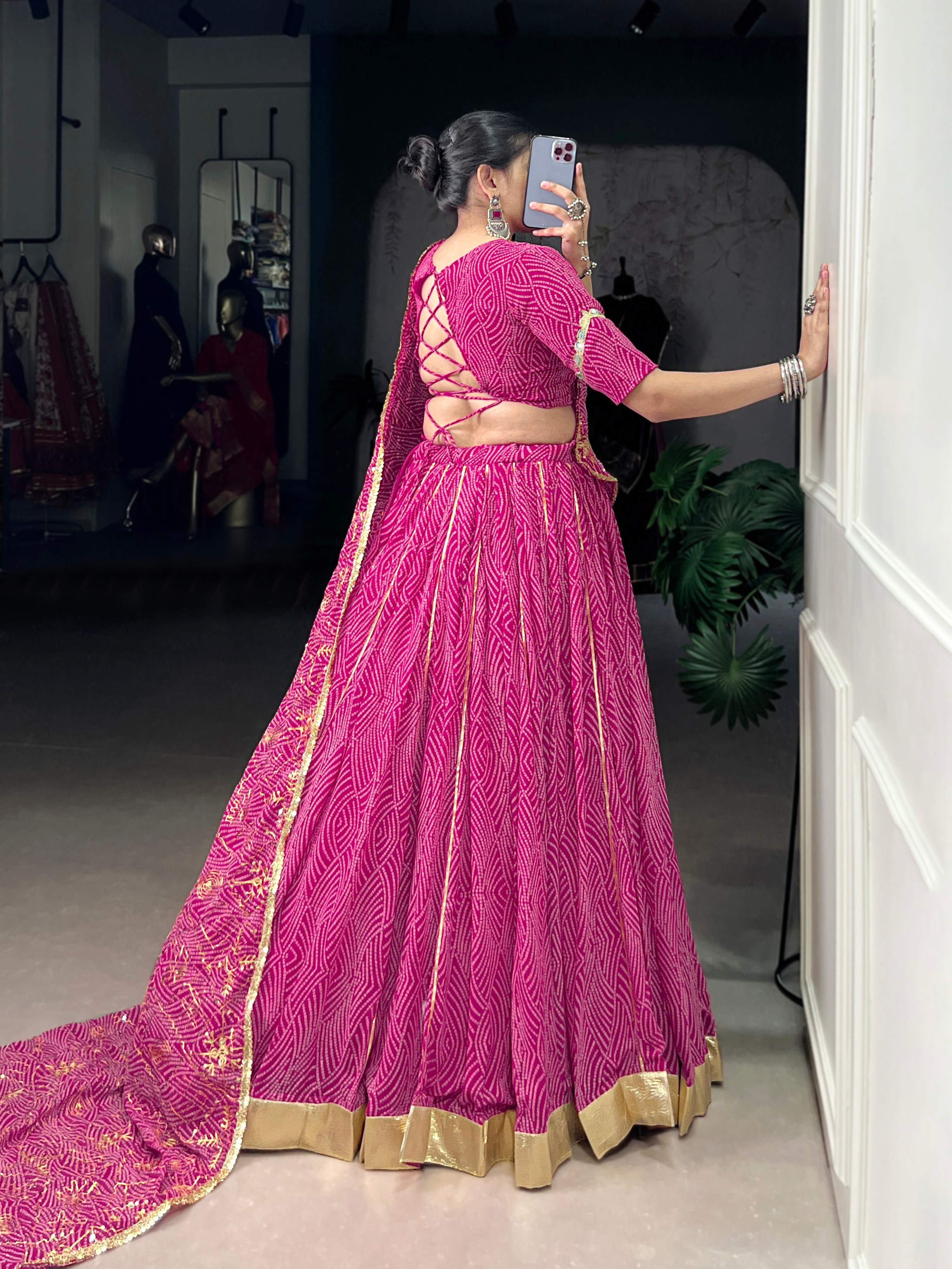 Lorenvalley Fashion Pink Georgette Bandhej Print and Embossed Design Lace with Gota Patti Touch Up Lehenga Choli with Dupatta