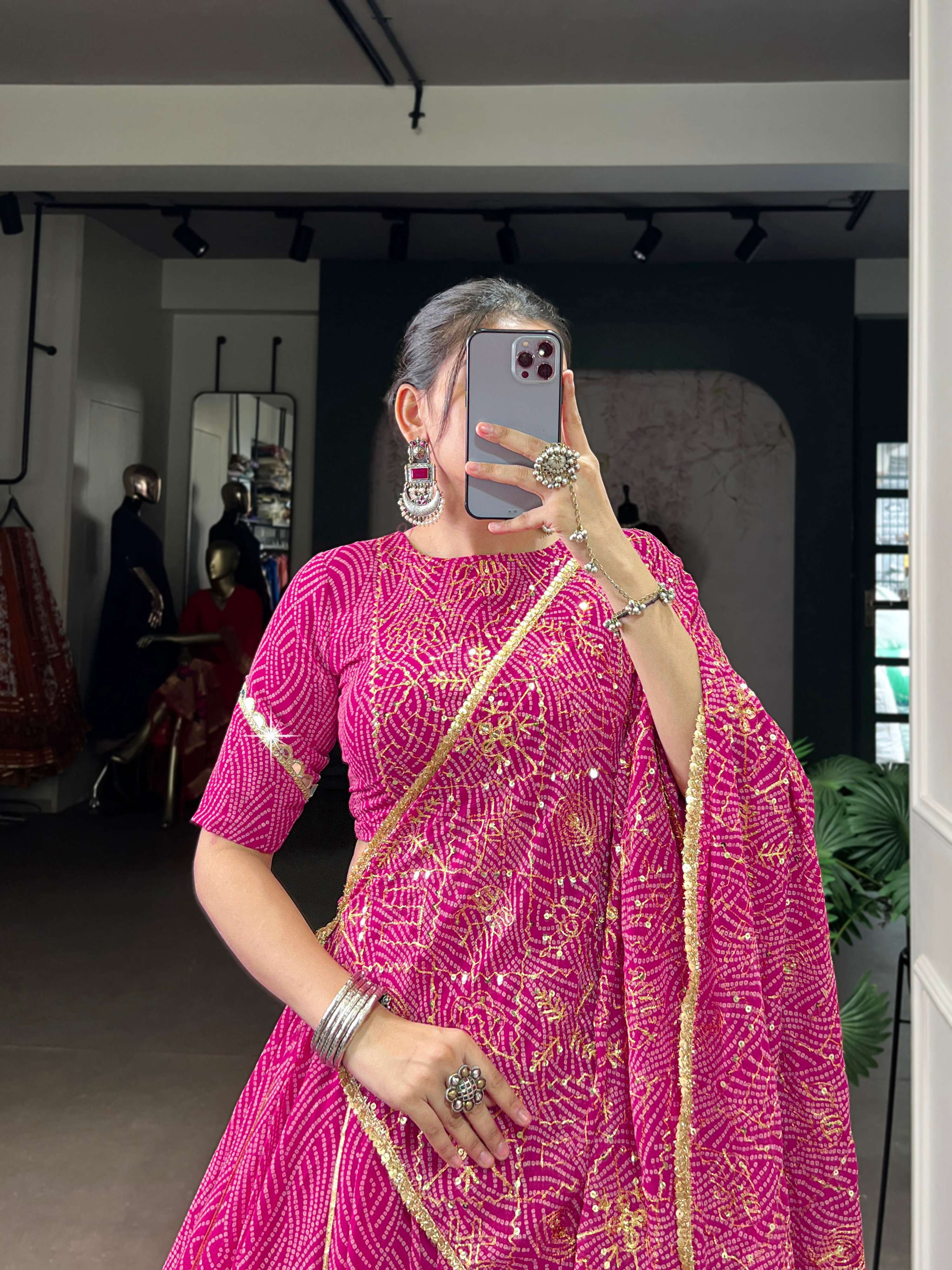 Lorenvalley Fashion Pink Georgette Bandhej Print and Embossed Design Lace with Gota Patti Touch Up Lehenga Choli with Dupatta