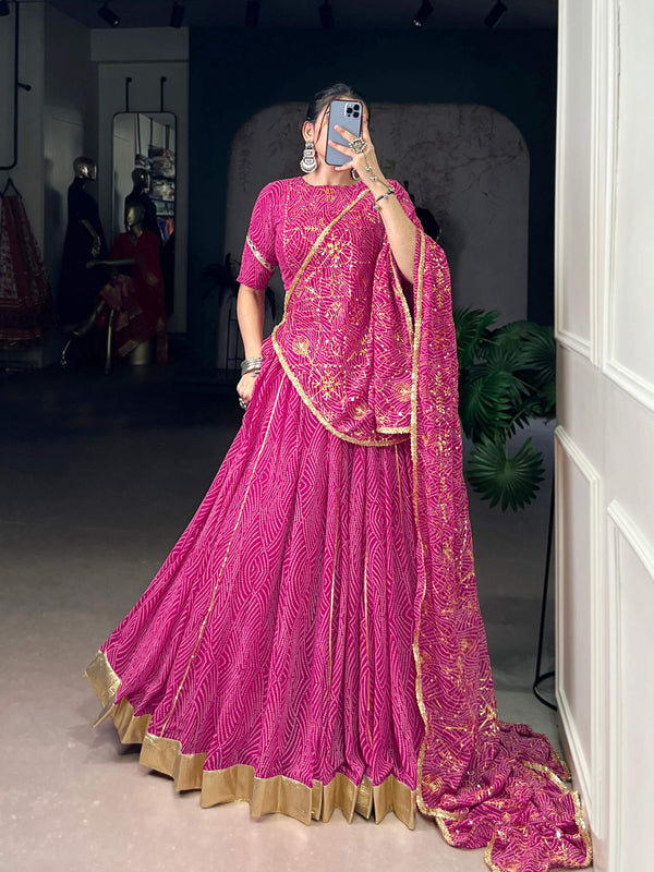 Lorenvalley Fashion Pink Georgette Bandhej Print and Embossed Design Lace with Gota Patti Touch Up Lehenga Choli with Dupatta