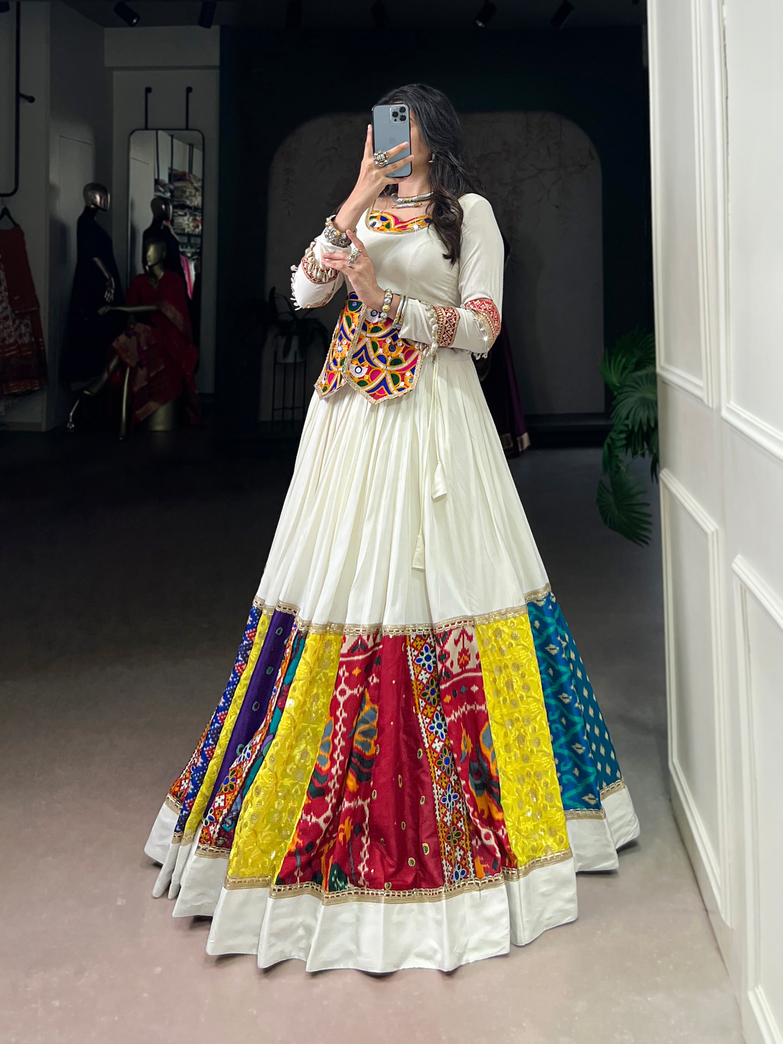 Lorenvalley Fashion White Pure Rayon Multi Colour Patch With Lace Touch Up Lehenga Choli