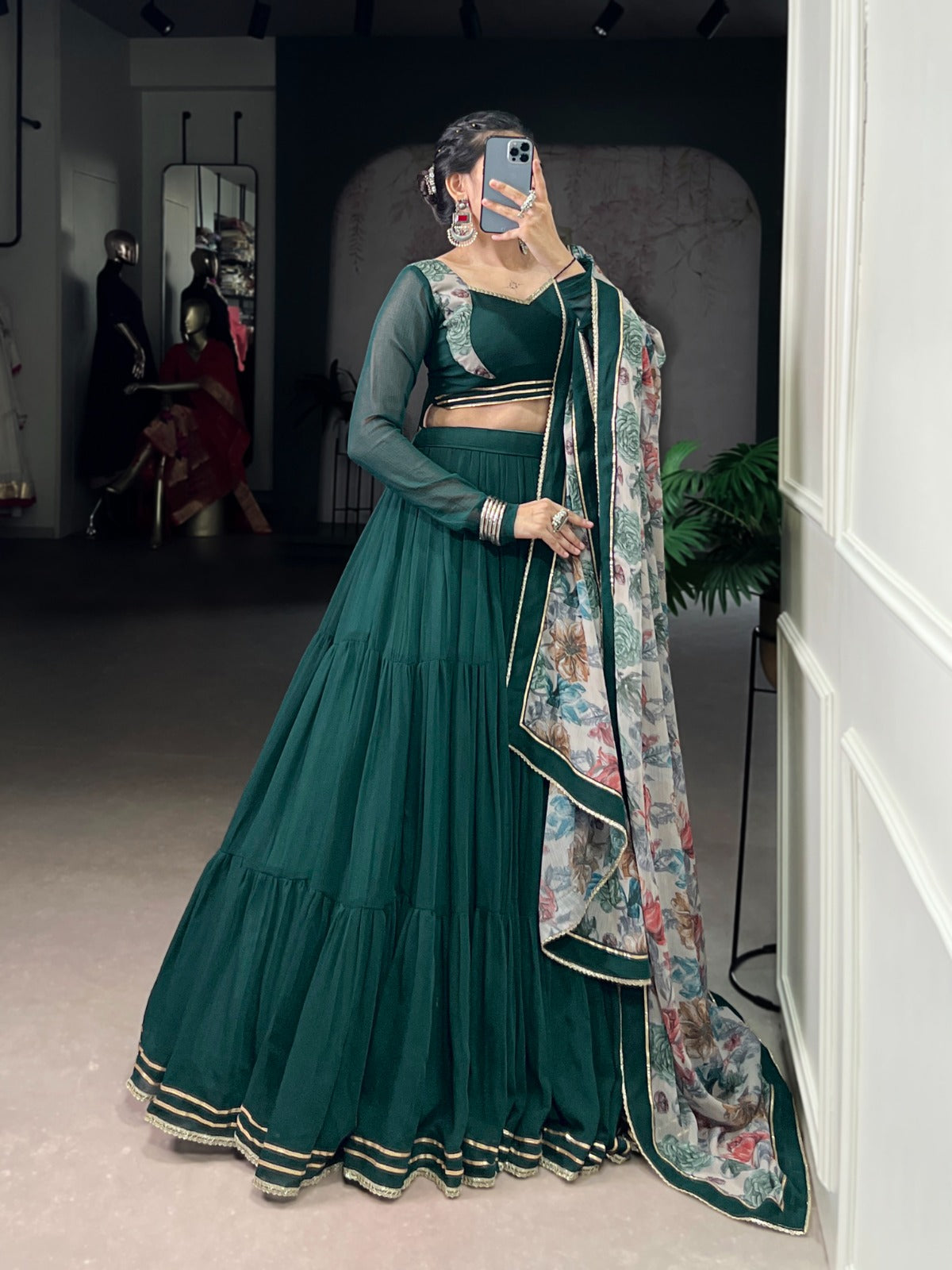 Lorenvalley Fashion Green Marble Lace Touch Up Lehenga Choli with Dupatta