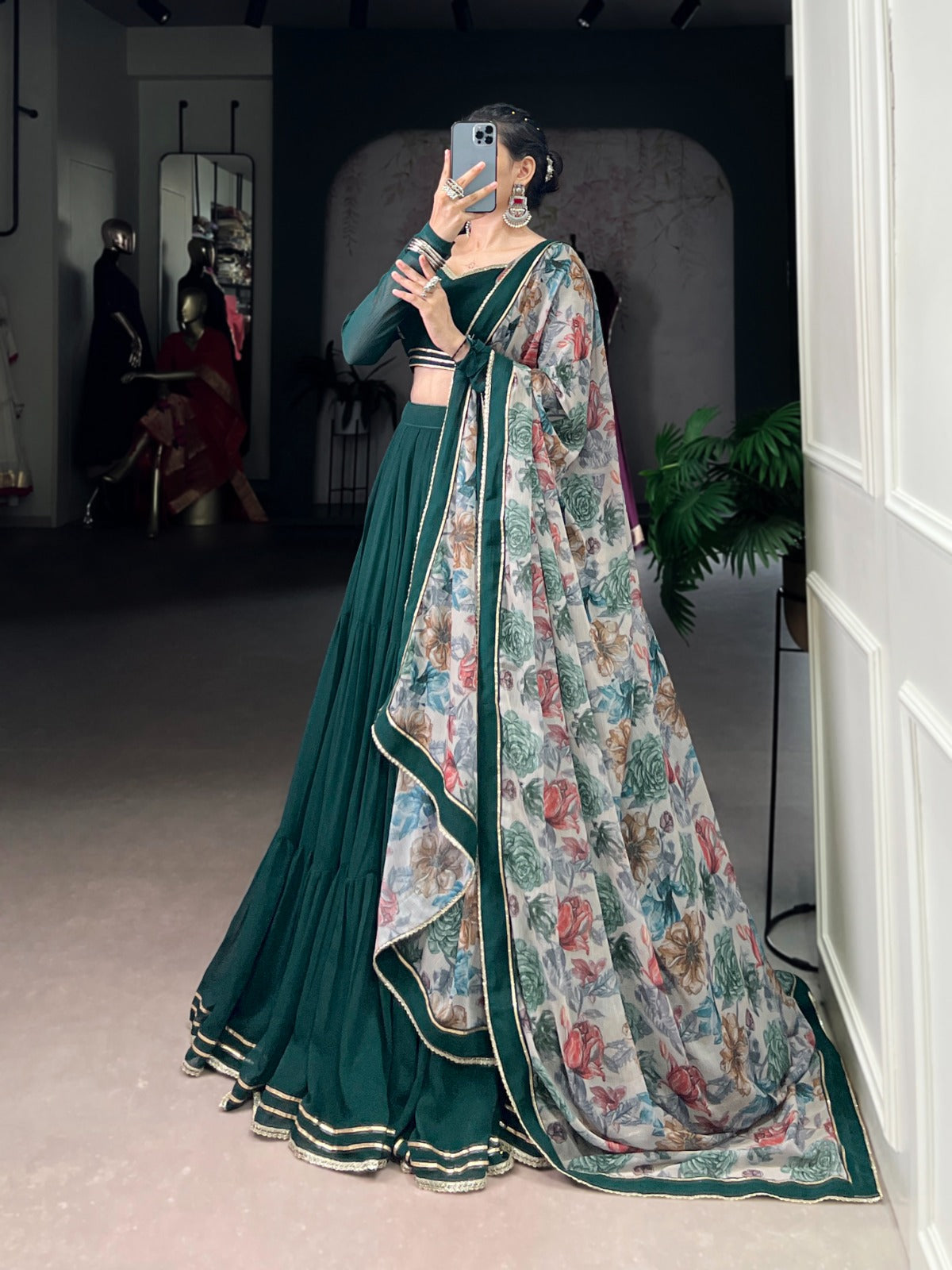 Lorenvalley Fashion Green Marble Lace Touch Up Lehenga Choli with Dupatta