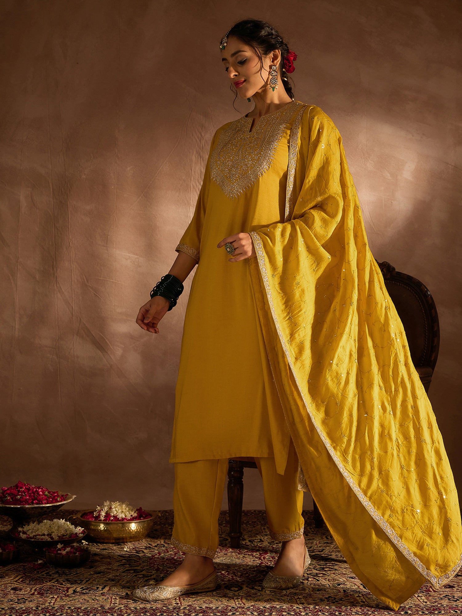 Indo Era Yellow Embroidered Straight Kurta Trousers With Dupatta set - Distacart