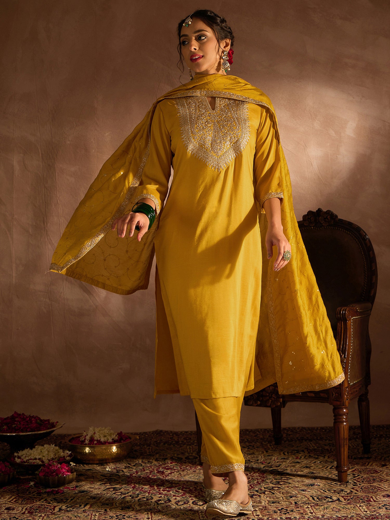 Indo Era Yellow Embroidered Straight Kurta Trousers With Dupatta set - Distacart