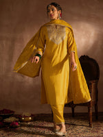 Thumbnail for Indo Era Yellow Embroidered Straight Kurta Trousers With Dupatta set - Distacart
