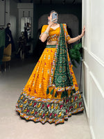 Thumbnail for Lorenvalley Mustard Tussar Silk Patola Print with Gamthi Work Lace and Foil Work Lehenga Choli with Dupatta - Distacart