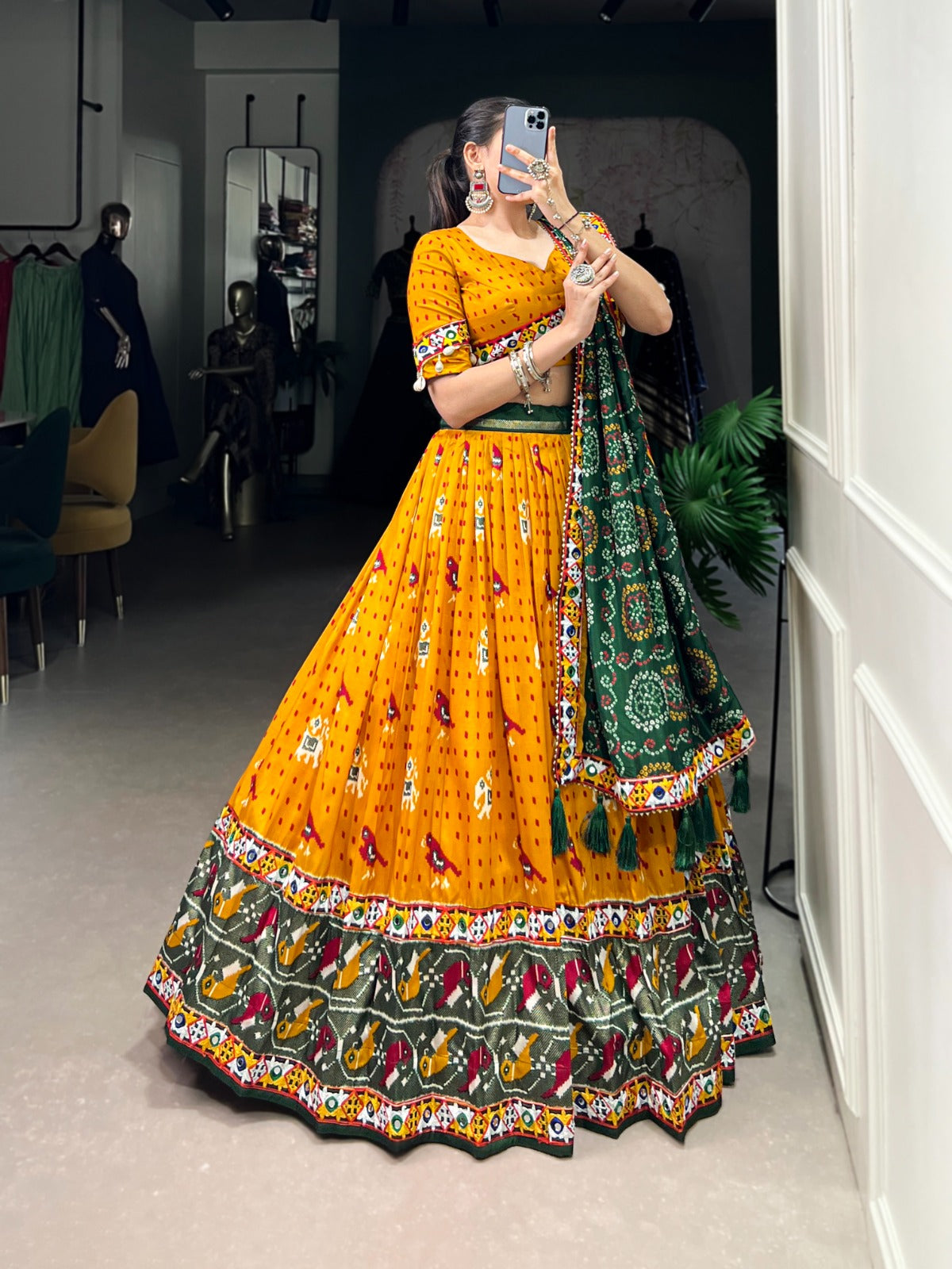 Lorenvalley Mustard Tussar Silk Patola Print with Gamthi Work Lace and Foil Work Lehenga Choli with Dupatta - Distacart
