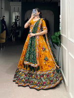 Thumbnail for Lorenvalley Mustard Tussar Silk Patola Print with Gamthi Work Lace and Foil Work Lehenga Choli with Dupatta - Distacart