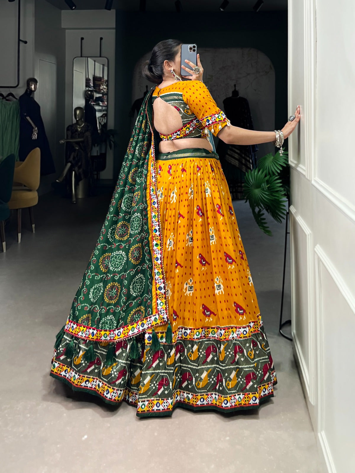 Lorenvalley Mustard Tussar Silk Patola Print with Gamthi Work Lace and Foil Work Lehenga Choli with Dupatta - Distacart