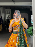 Thumbnail for Lorenvalley Mustard Tussar Silk Patola Print with Gamthi Work Lace and Foil Work Lehenga Choli with Dupatta - Distacart