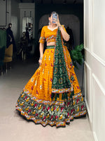 Thumbnail for Lorenvalley Mustard Tussar Silk Patola Print with Gamthi Work Lace and Foil Work Lehenga Choli with Dupatta - Distacart