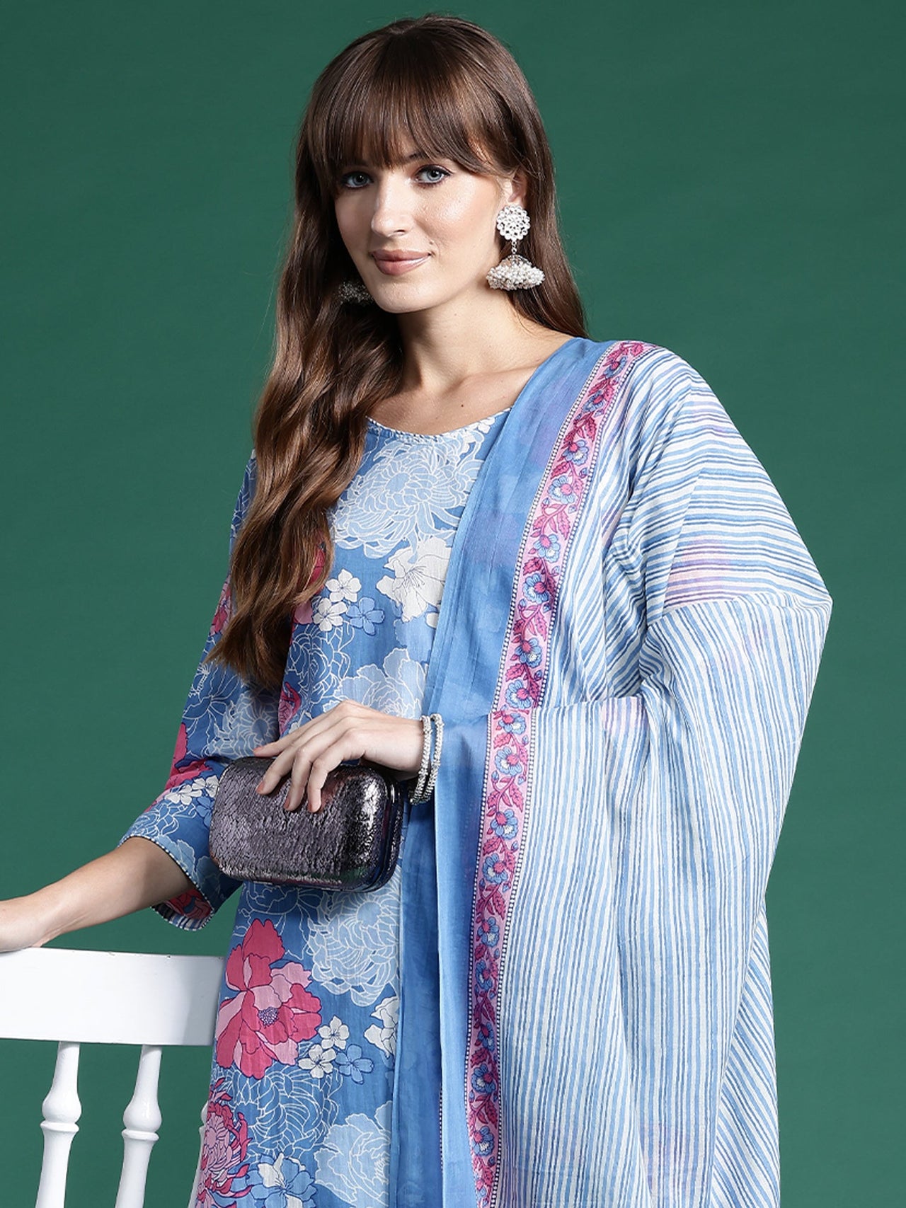 Women Blue Printed Straight Kurta Trousers With Dupatta Set - Taantav