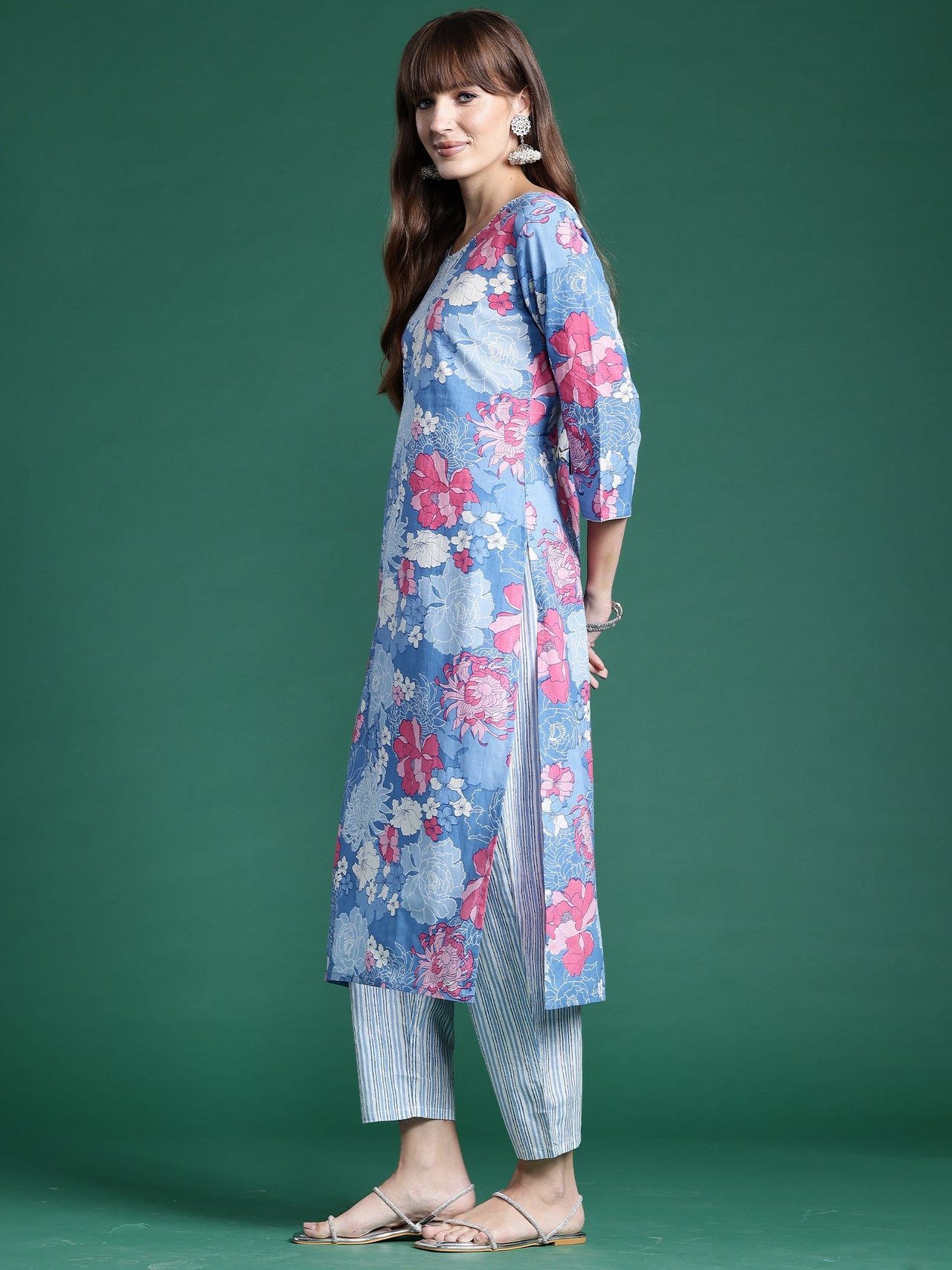 Women Blue Printed Straight Kurta Trousers With Dupatta Set - Taantav