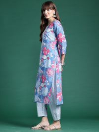 Thumbnail for Women Blue Printed Straight Kurta Trousers With Dupatta Set - Taantav