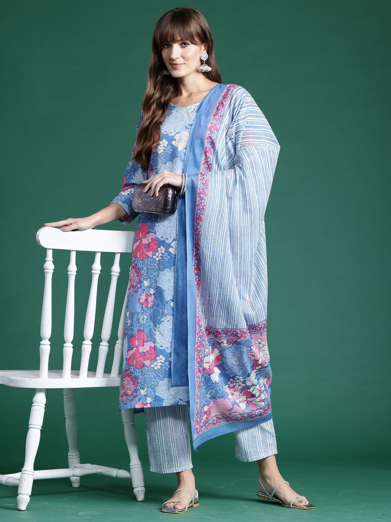 Women Blue Printed Straight Kurta Trousers With Dupatta Set - Taantav