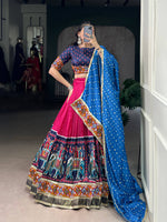 Thumbnail for Lorenvalley Fashion Pink Tasar Silk Print with Foil Work and Real Mirror Gamthi Work with Lace Touch Up Lehenga Choli with Dupatta