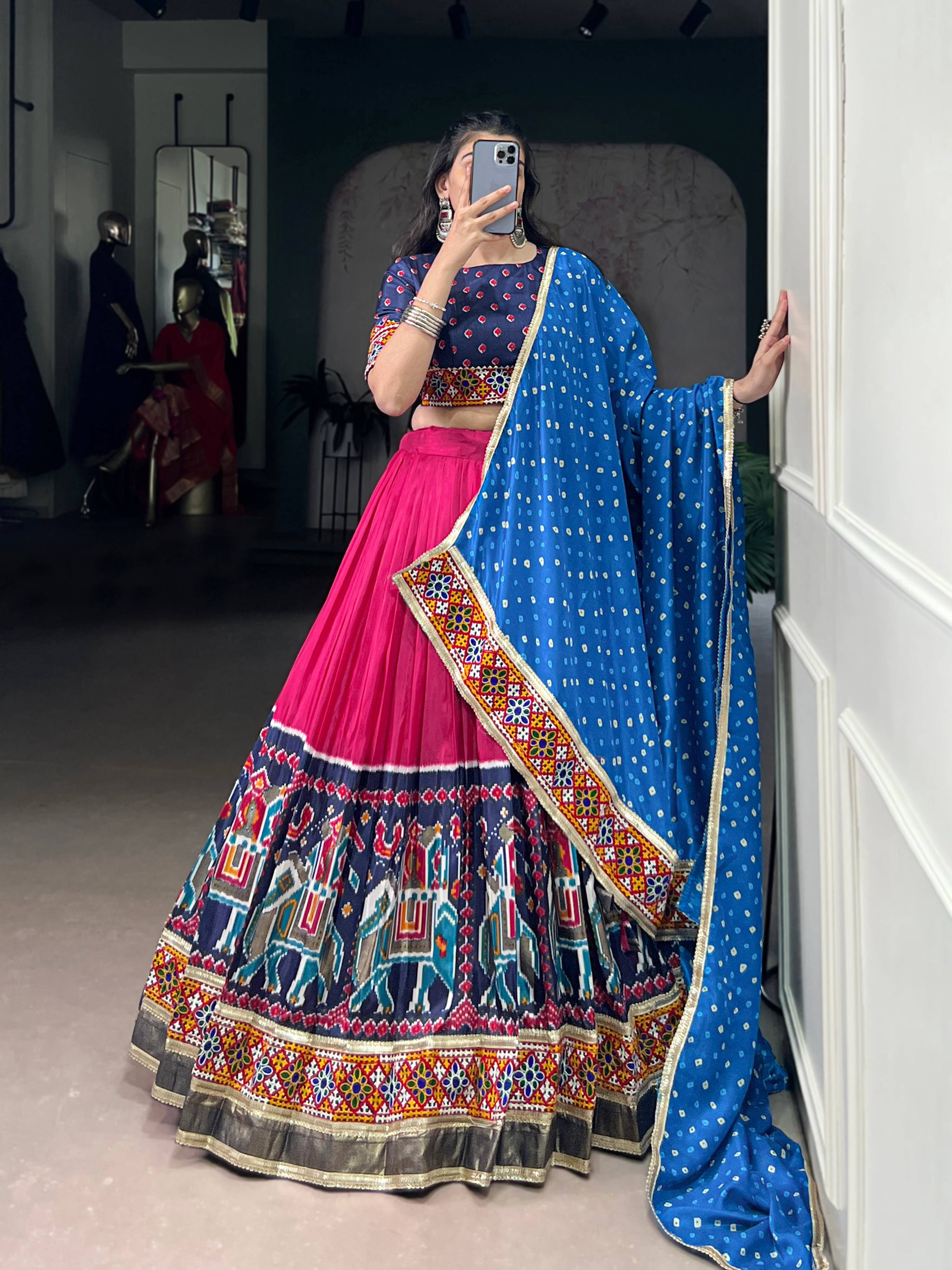Lorenvalley Fashion Pink Tasar Silk Print with Foil Work and Real Mirror Gamthi Work with Lace Touch Up Lehenga Choli with Dupatta
